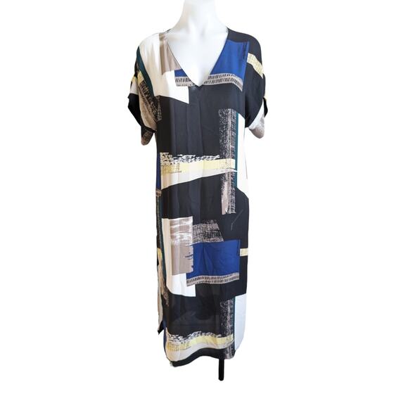 Aritzia Babaton Sz XS Jessie Midi Dress Black White Abstract Print Short Sleeve - Picture 1 of 14